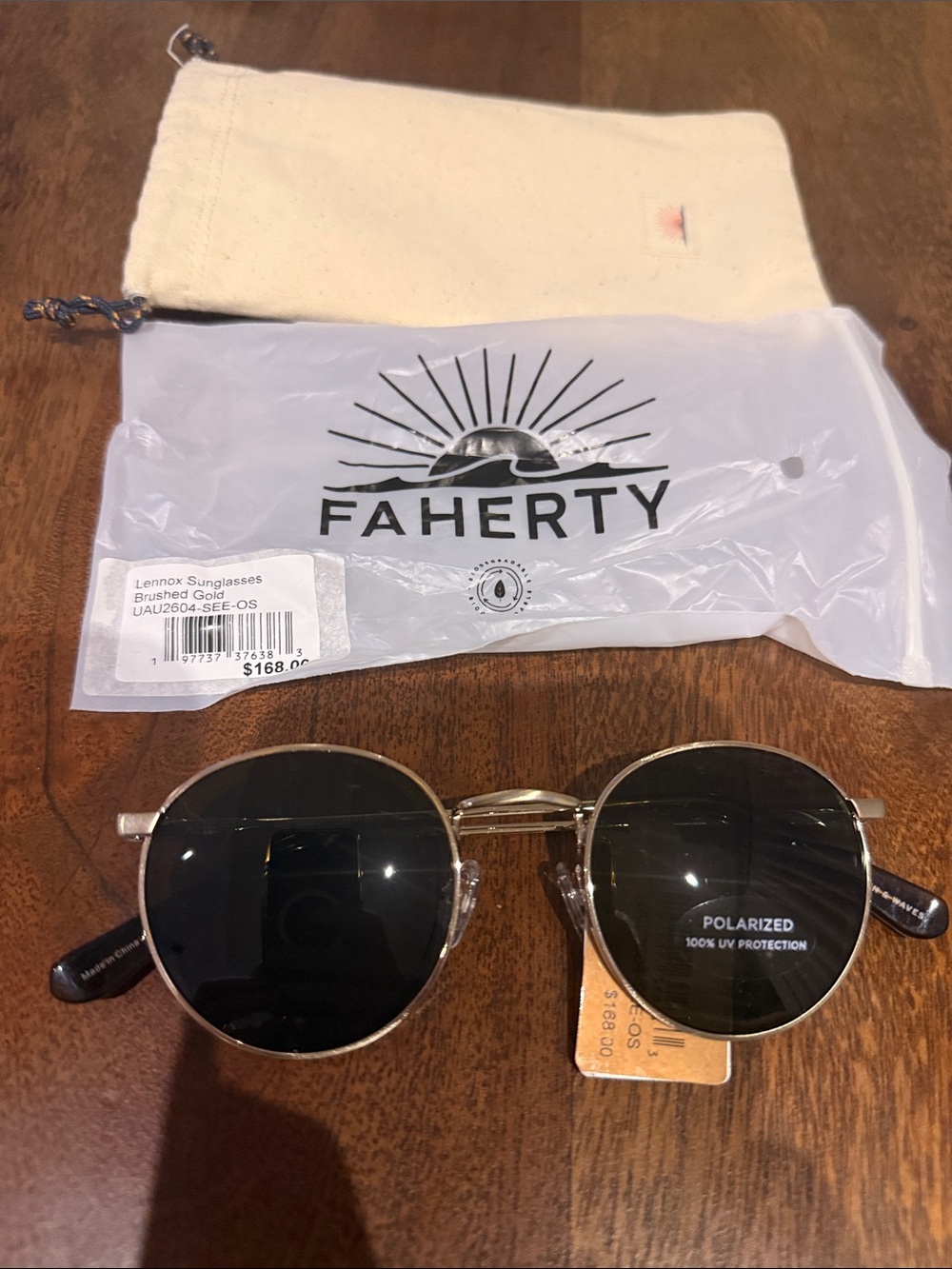 Faherty Brushed Gold Round Sunglasses with Black Lenses Lennox new